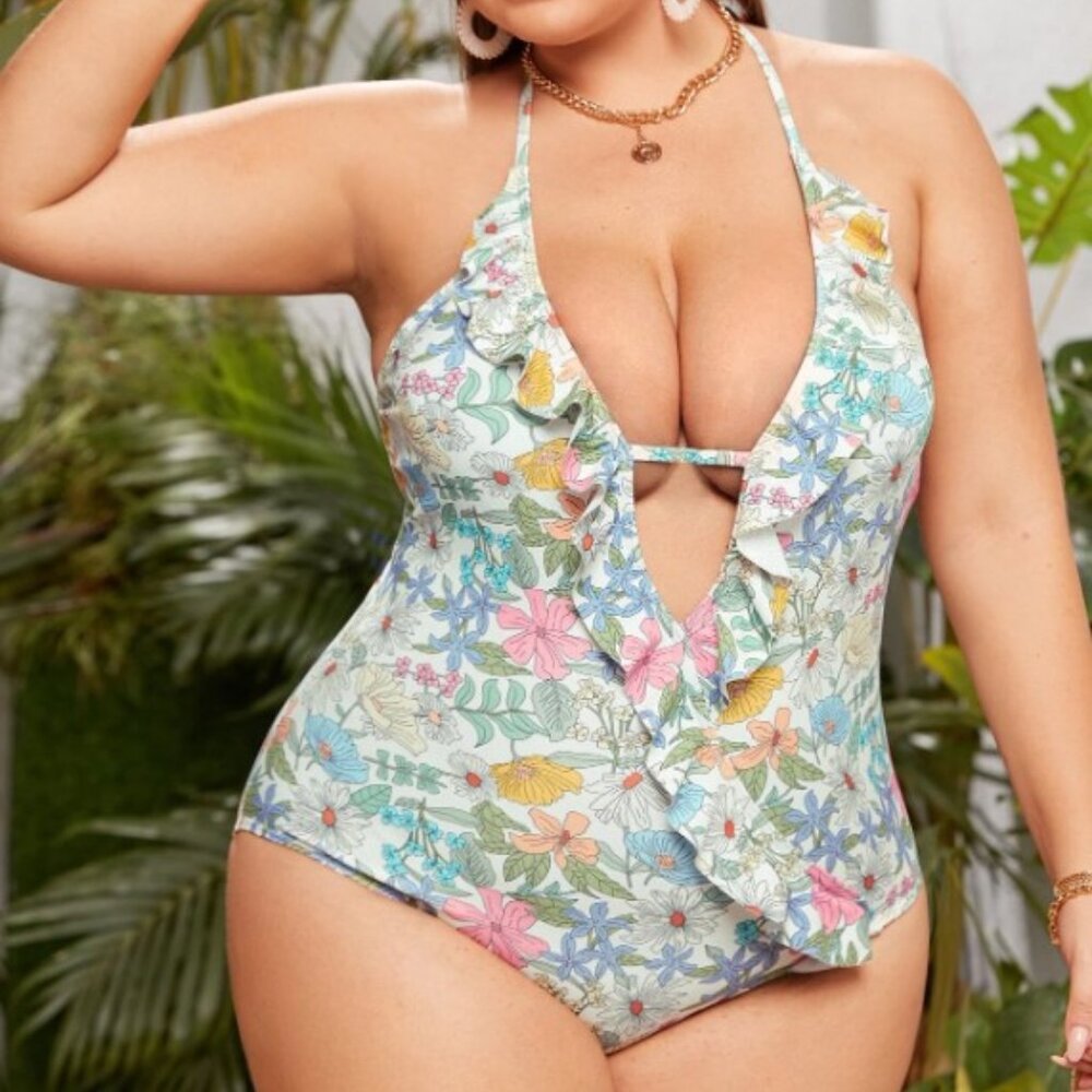 SHEIN Plus Floral Print Ruffle Trim One Piece Swimsuit 1X